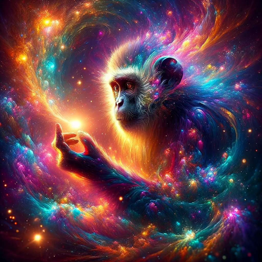 DALL·E 2024-01-12 17.47.17 – Generate an artwork with a vivid explosion of colors, featuring a primate subject in a cosmic setting. The image should include an array of bright, ps